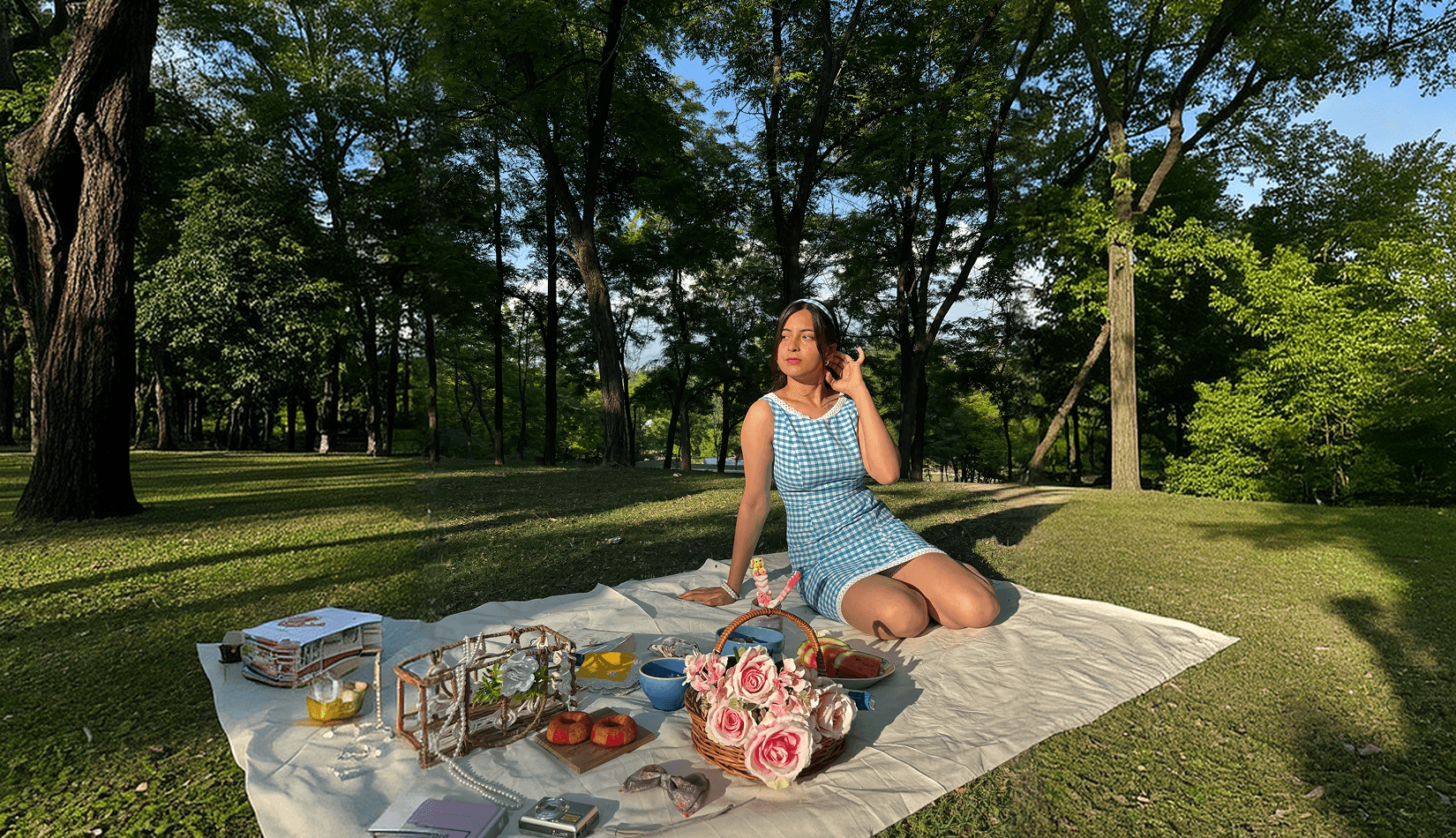 Model wearing a blue gingham dress at a garden picnic