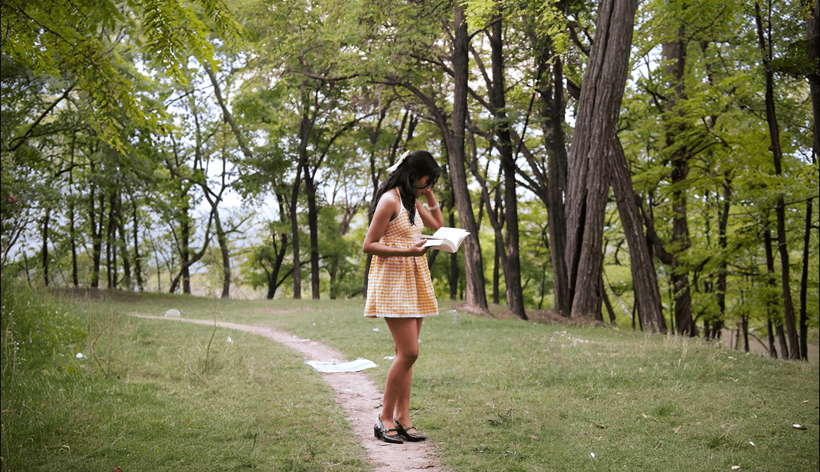 Model wearing a yellow gingham dress reading in a park